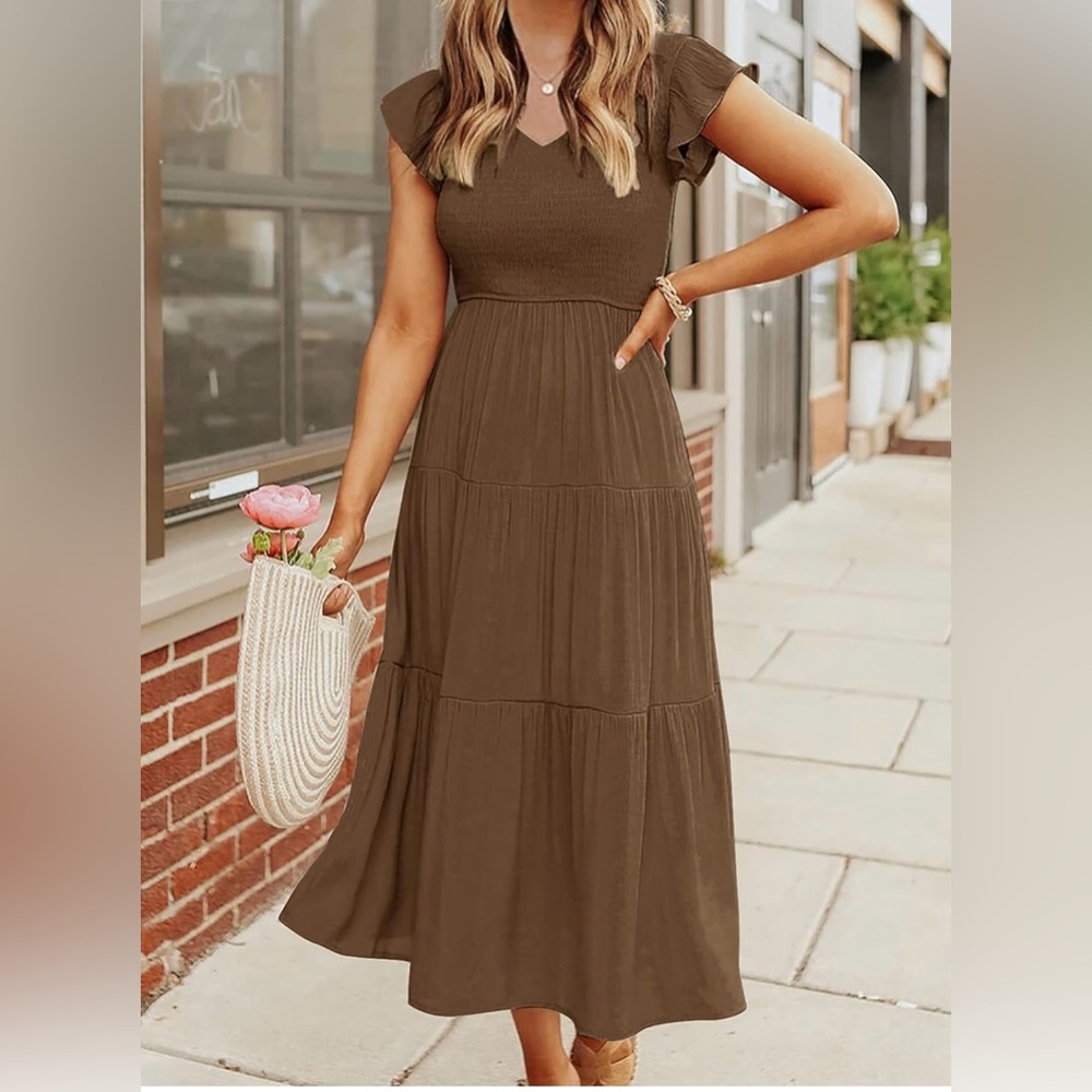 Brown Smocked V-Neck Midi Dress - Medium